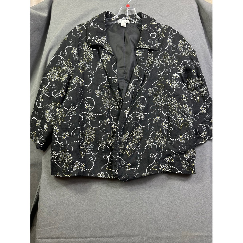 Kim Rogers Petite Women Black Floral Linen‎ Blazer Jacket PL Yellow White Scroll